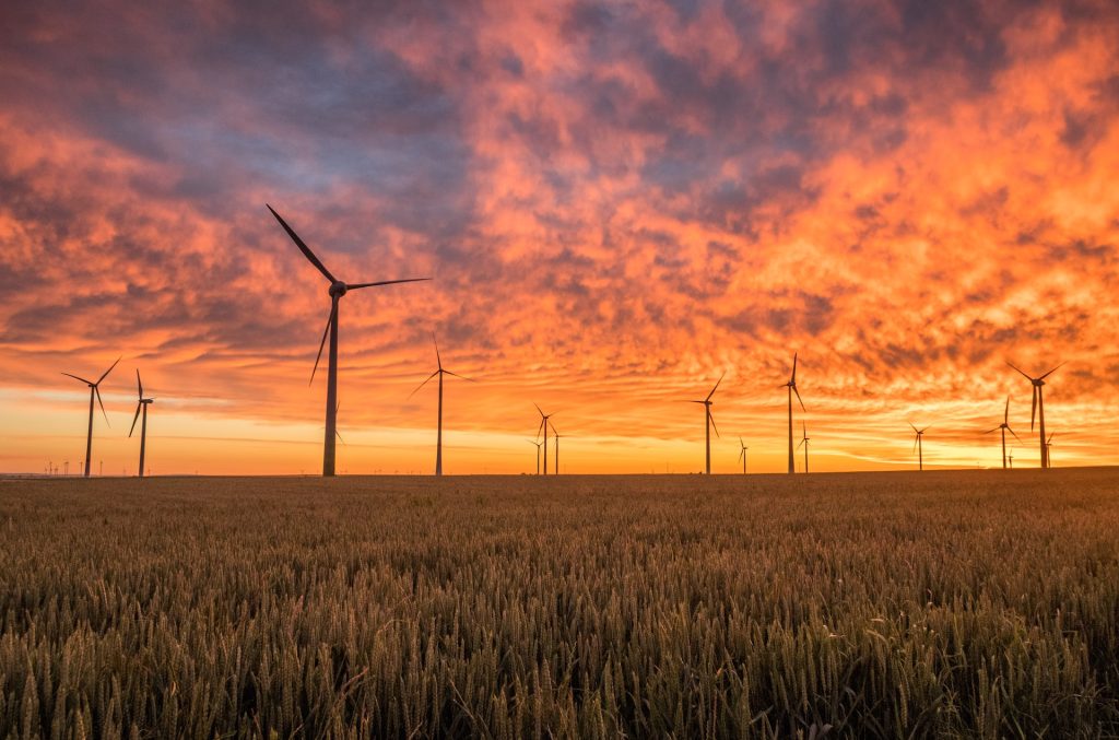 Wind turbine farm at sunset.